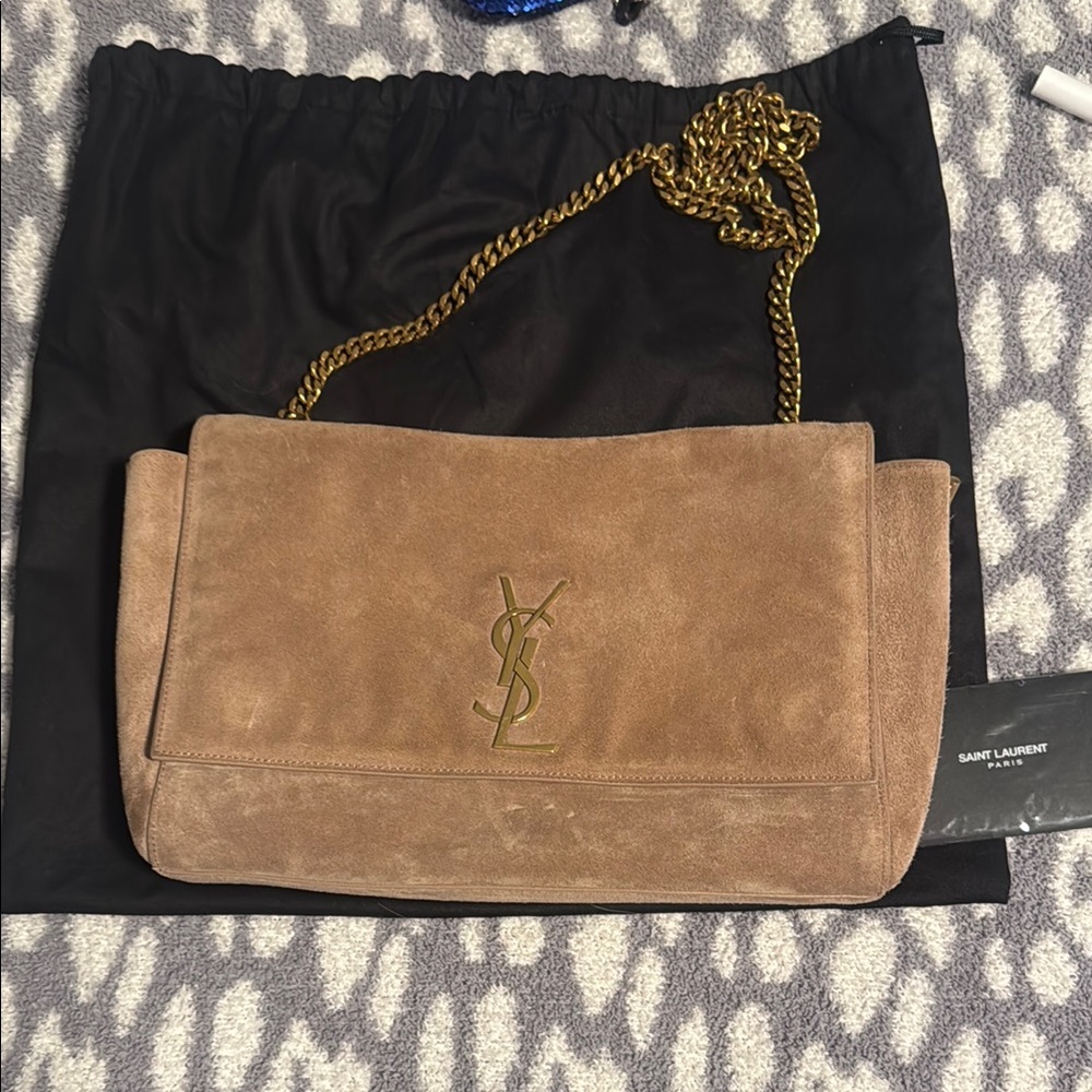 YSL Saint Laurent Suede Crossbody Bag in Tan with Gold Hardware